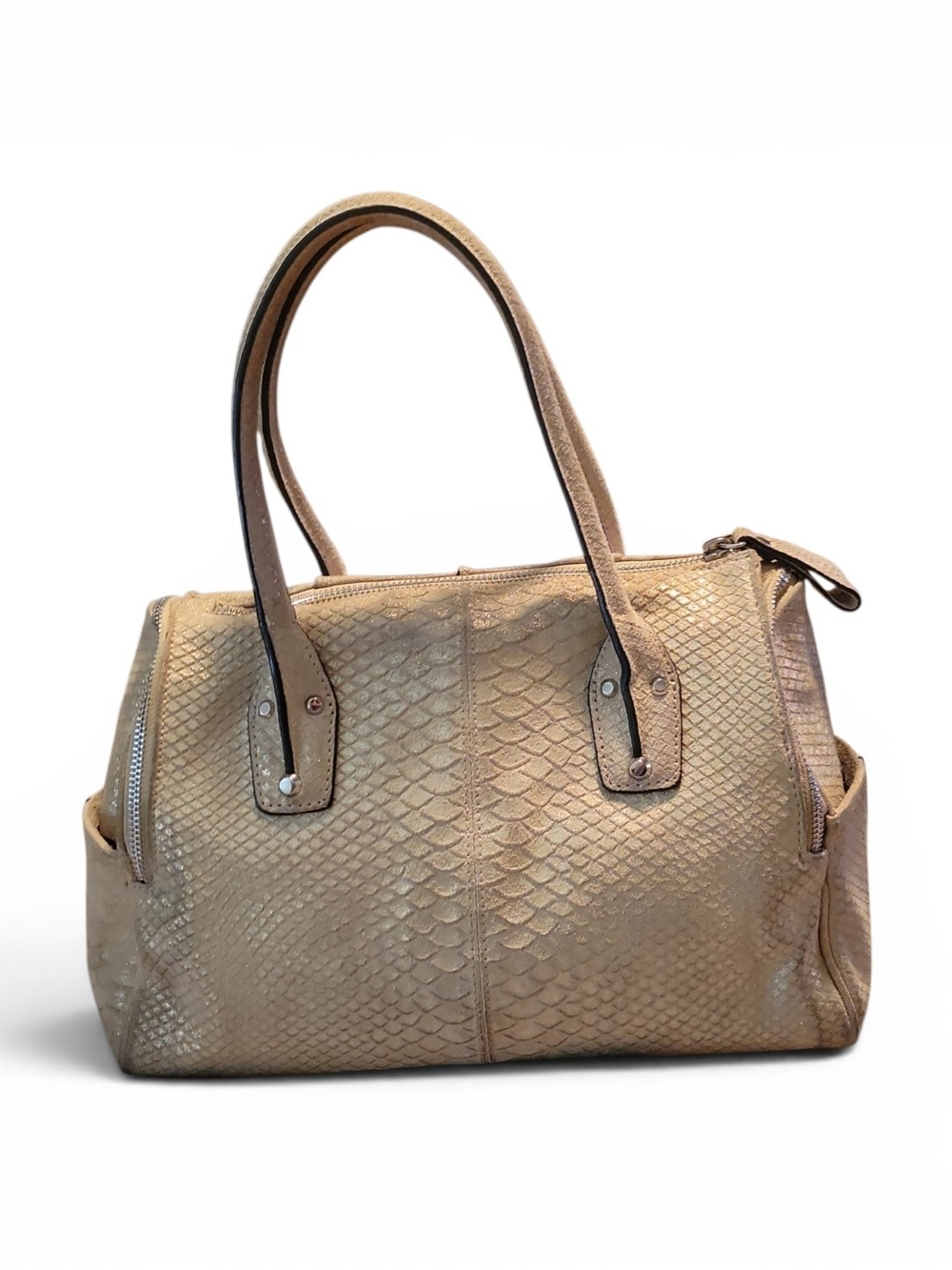 Vintage Large B. Makowsky "Whitney" Gold Shimmer Suede Snakeskin Satchel.